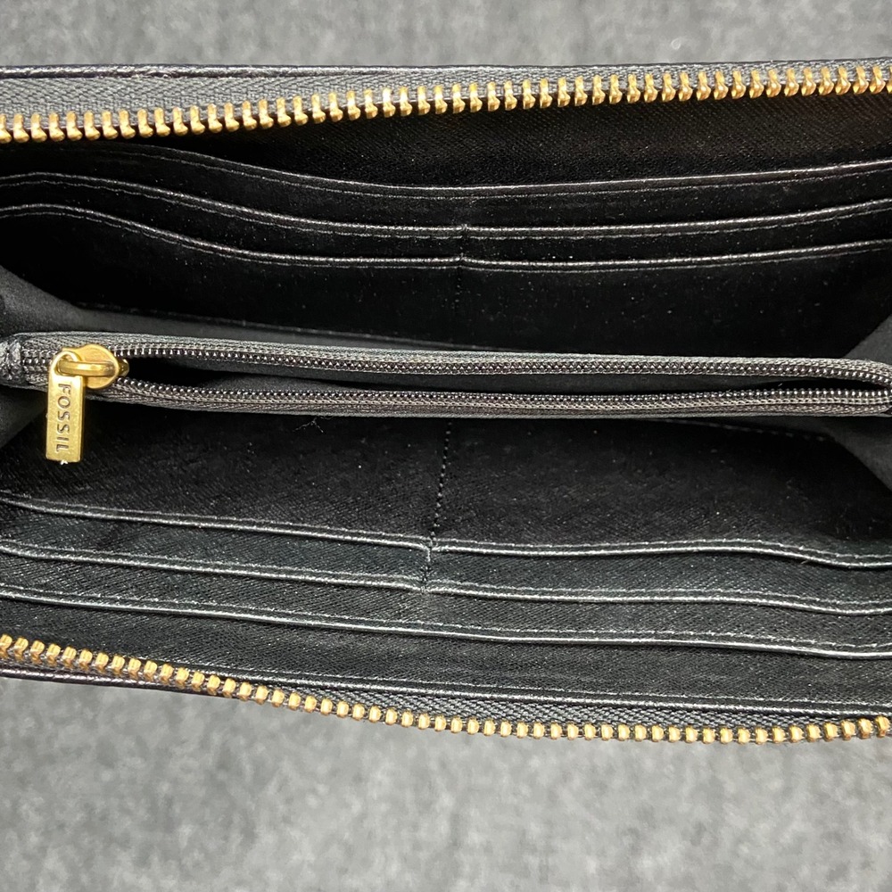 Fossil Tara Black Pebbled Leather Zip Around Clutch Wallet with Pink Tassel - Picture 6 of 7